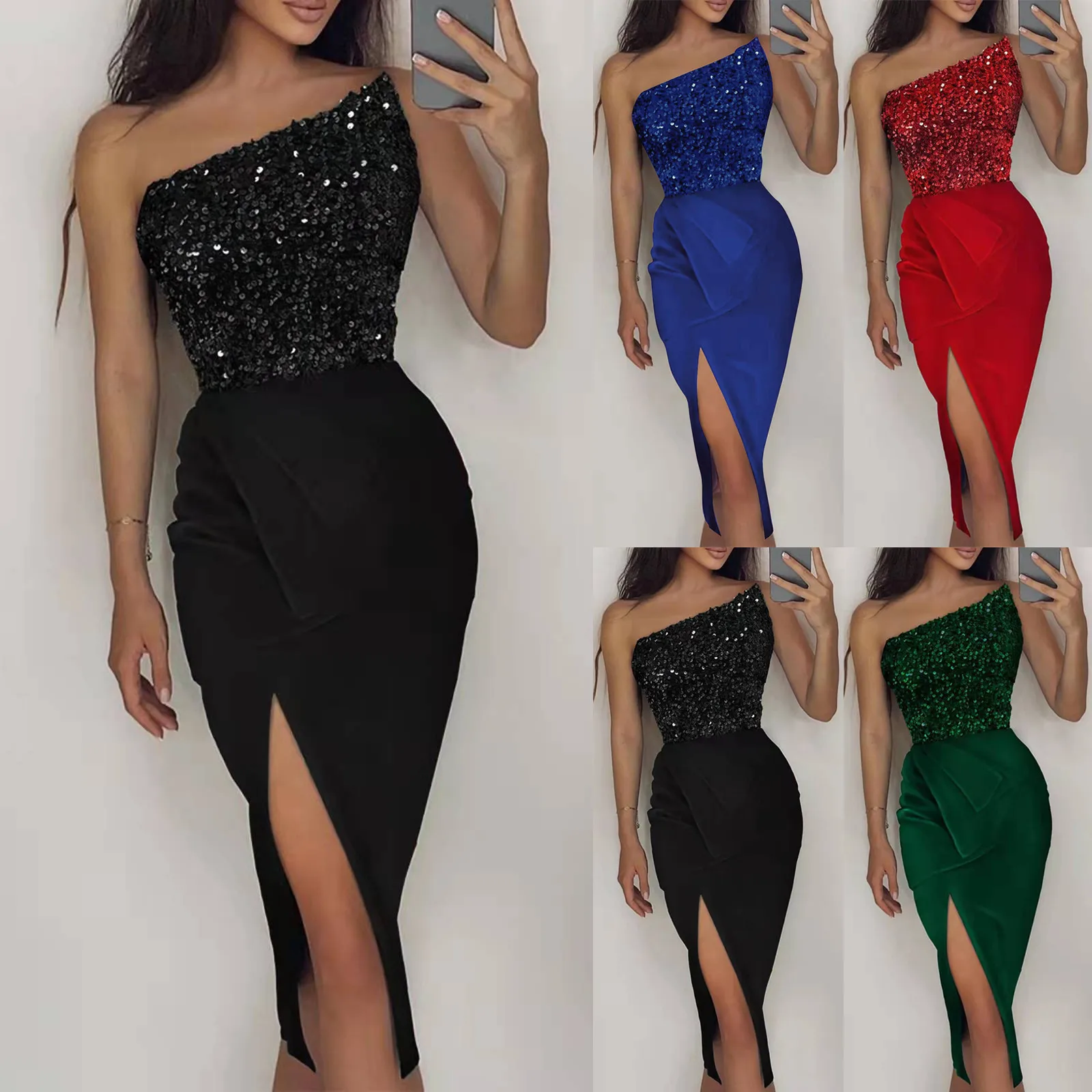 New Sexy Sequins Fork Elegant Long Dresses For Women 2024 Off Shoulder Marriage Dress Bodycorn Party Dress Female Clothes Outfit