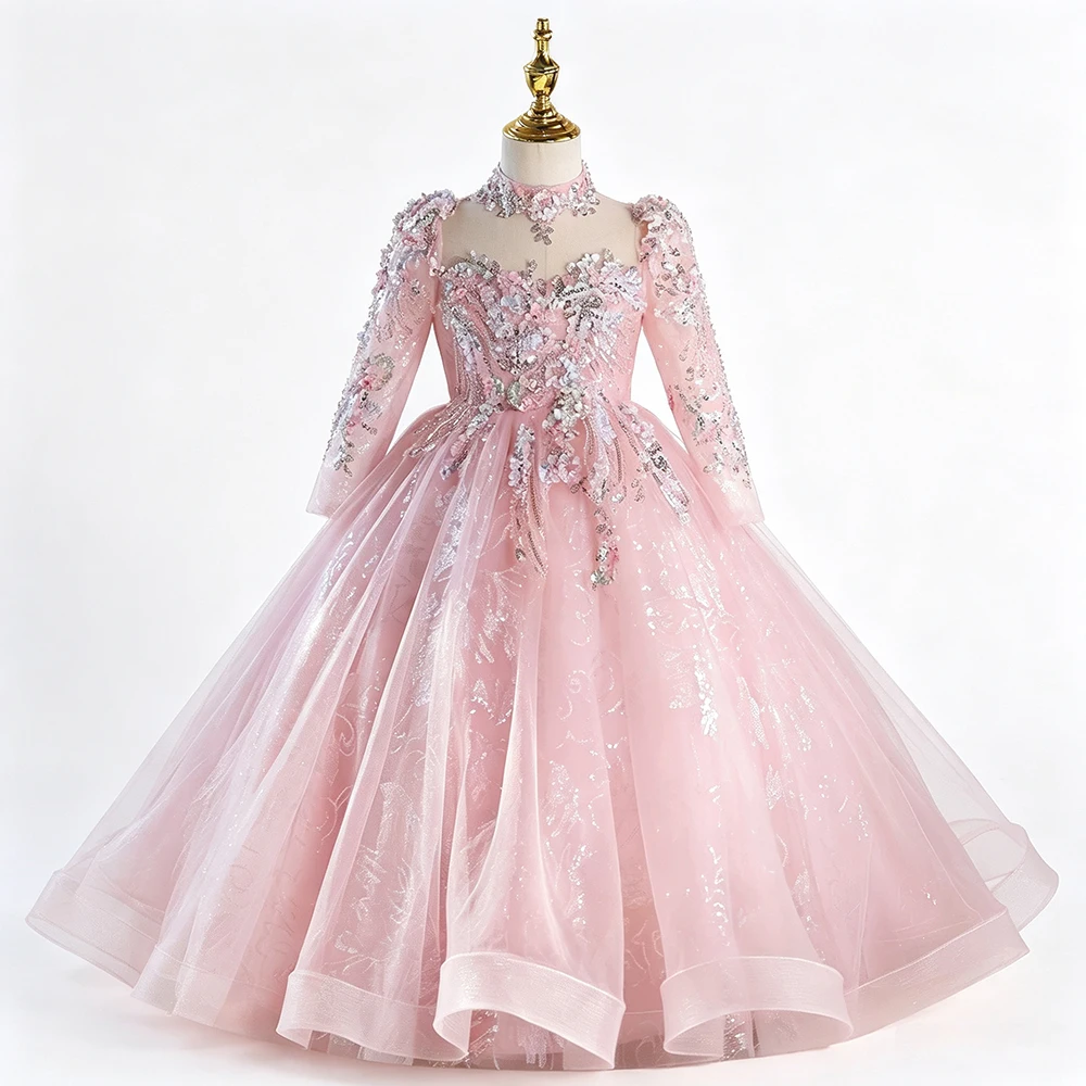 Luxury Pink Long Sleeve Shiny Sequined Elegant Catwalk Model Show And Evening Party Dress For Girls Pageant Prom Birthday Gown
