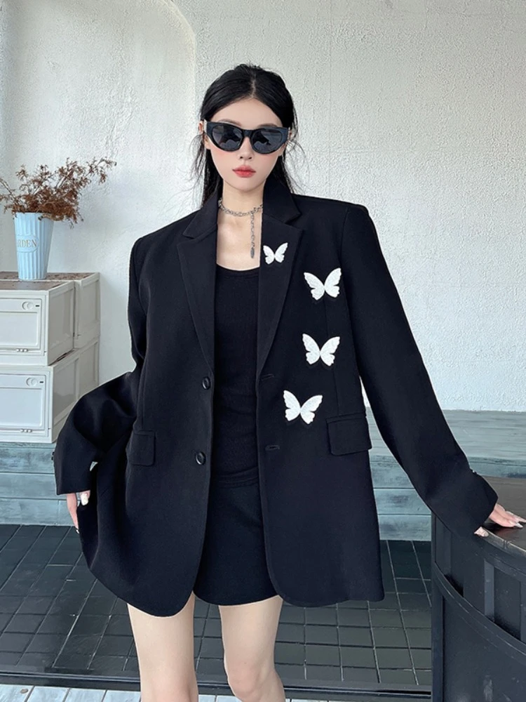 Butterfly Embroidery Vintage Jacket Women Harajuku Solid Oversized Grunge Coats Streetwear Woman Grunge Pocket Jackets Outwear