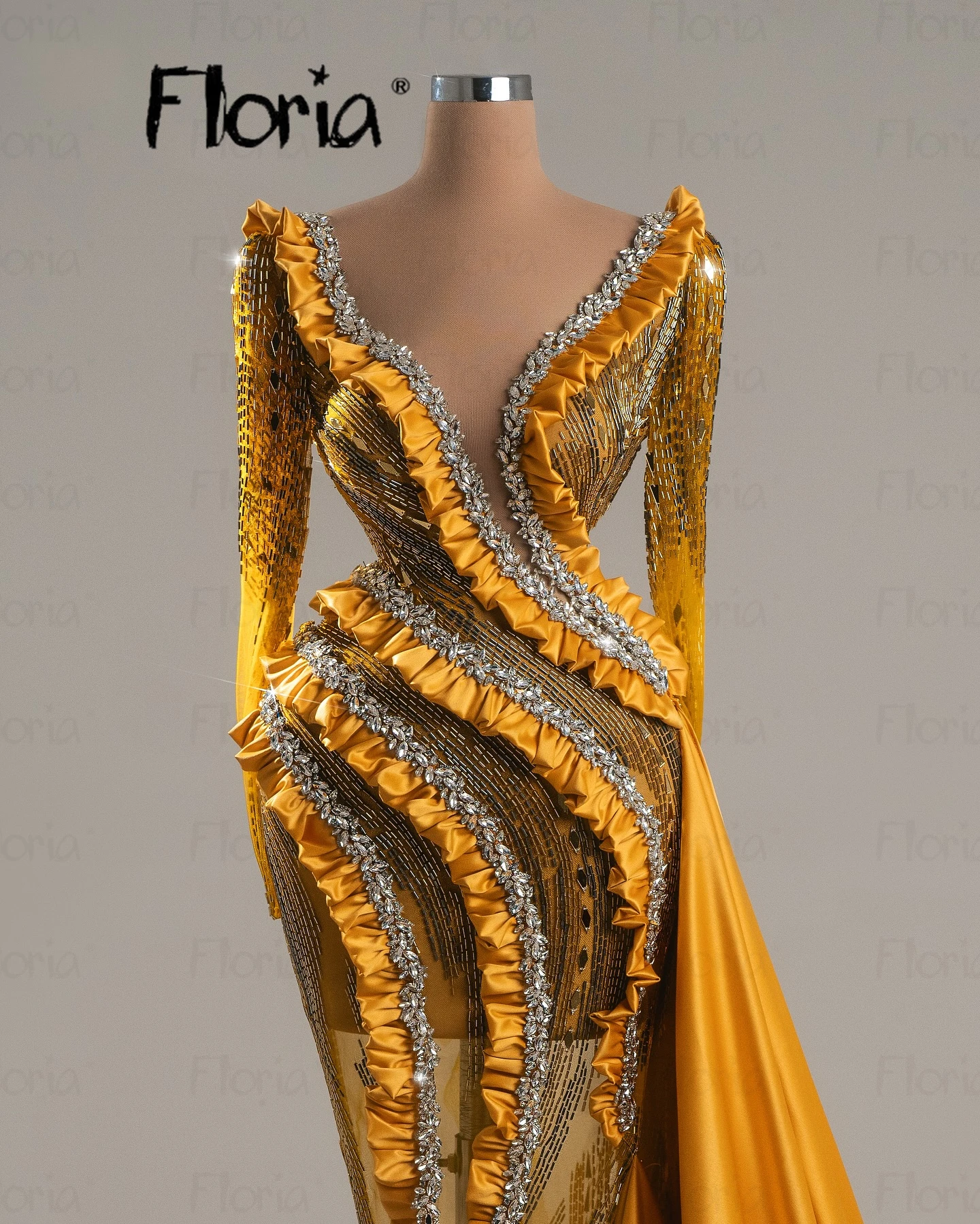 Gold Prom Dress Long Sleeves Deep V Neck Satin Sequins Appliques 3D Lace Embroidery Evening Dresses Women Wedding Party Gowns