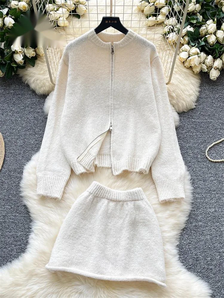 

Winter Fashion Cashmere Knitted Suts Women Zipper Loose Pullover+Elastic Mini Skirt Warm Sweater Casual Two Pieces Set