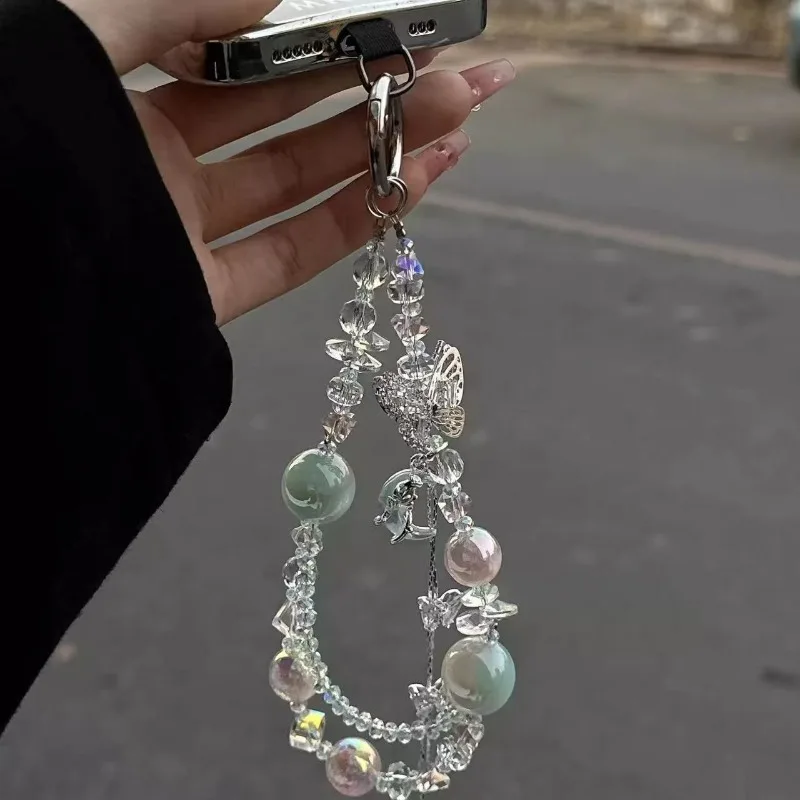 Crystal Beaded Key Ring Phone with Butterfly Charm Sweet Tassel  Key Holder Wristlet Lanyard Kawaii Keychain Organizer Chain