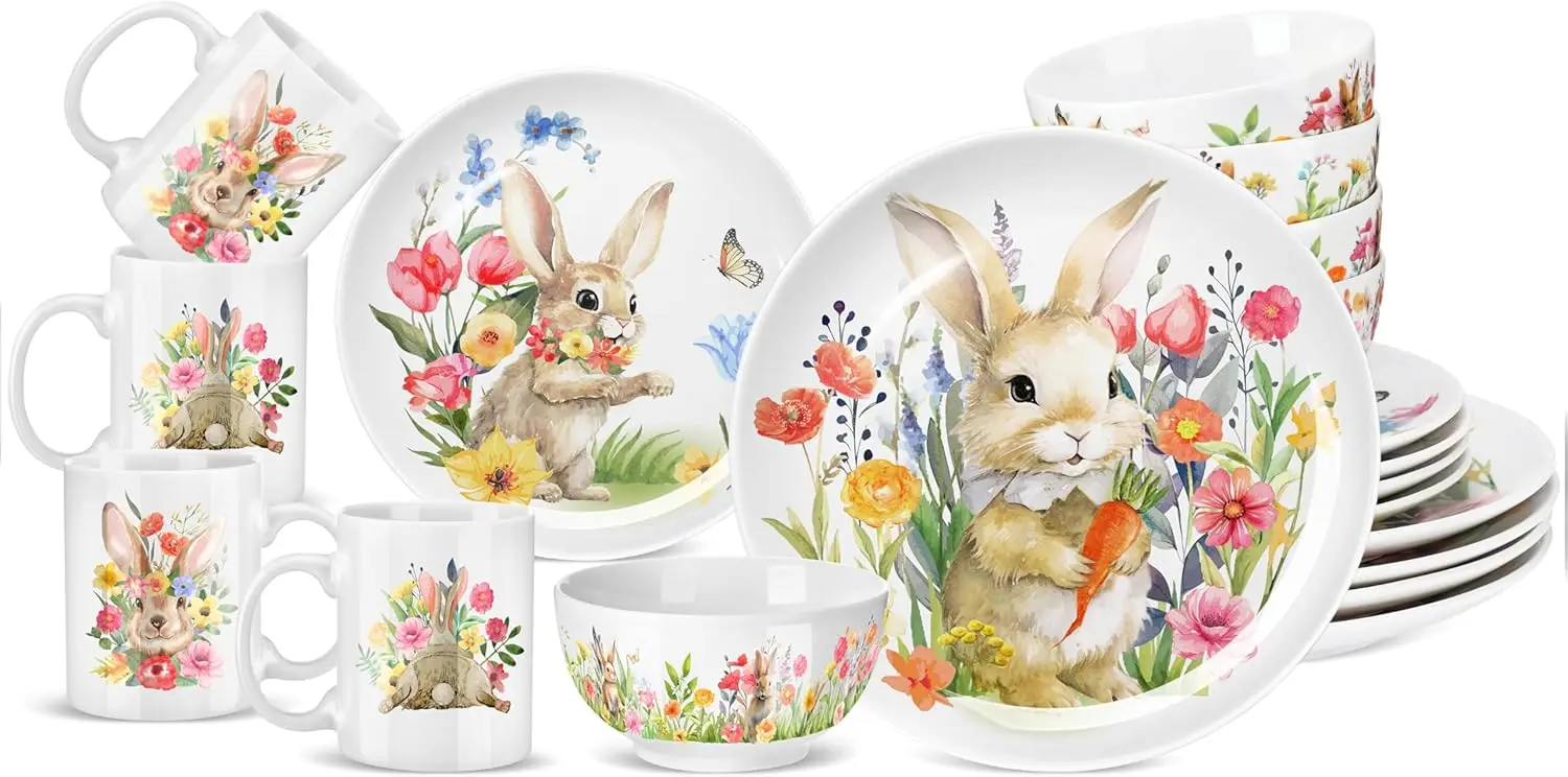 

16 Pcs Easter Bunny Dinnerware Set Ceramics Rabbit Dishware for Holiday Party, Service for 4