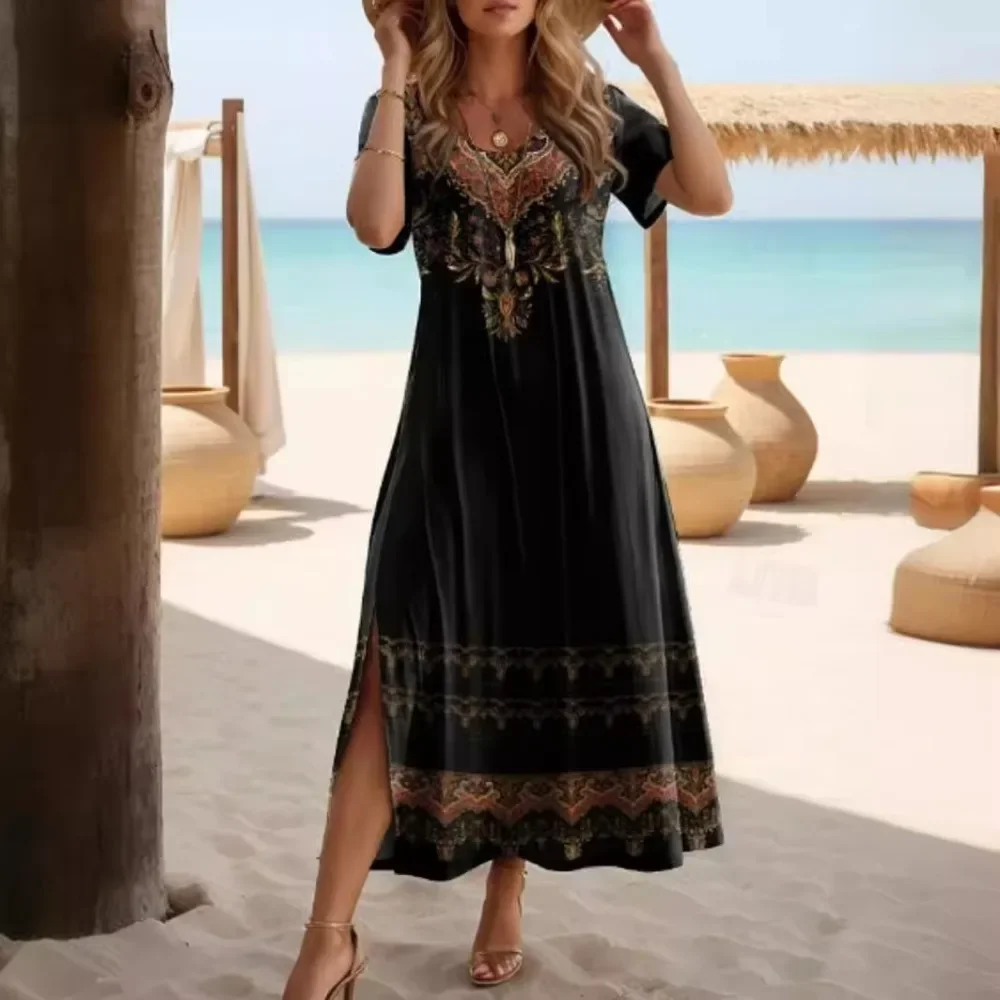 Women Spring Summer Elegant Round Neck Short Sleeve Print Maxi Dress Side Slit Casual Daily Office Work Vacation Beach Chic