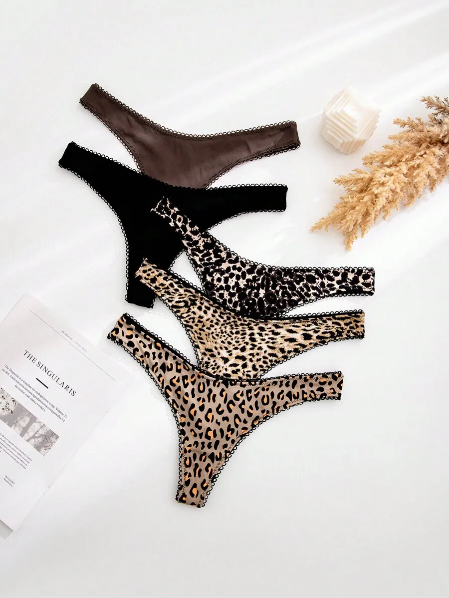 

5 Pack Leopard Print Low Rise Thongs Women Lace Trim Panties