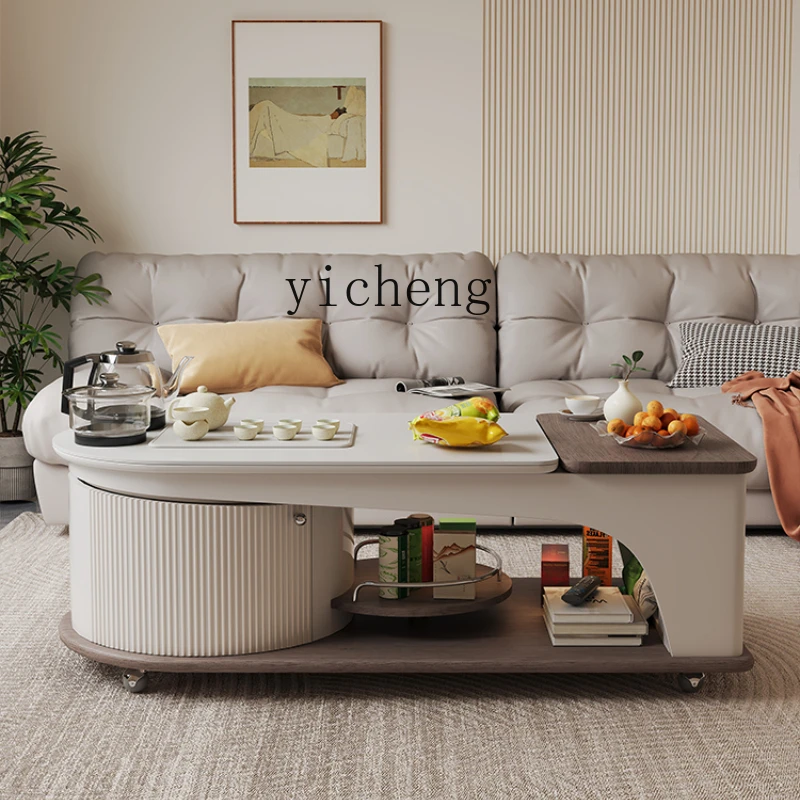 

ZC living room coffee table movable lifting household modern solid wood rock slab kung fu tea integrated table