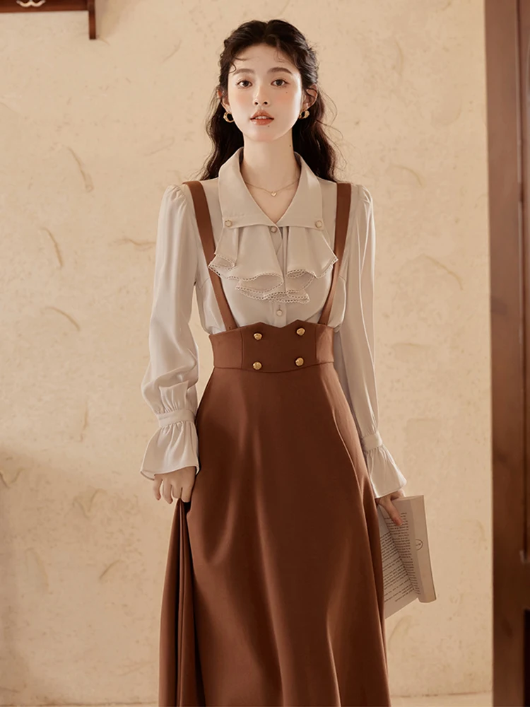 

Office Lady Elegant Two Piece Skirt Set Women Spring Autumn Ruffles Shirt and Long Skirts Outfits