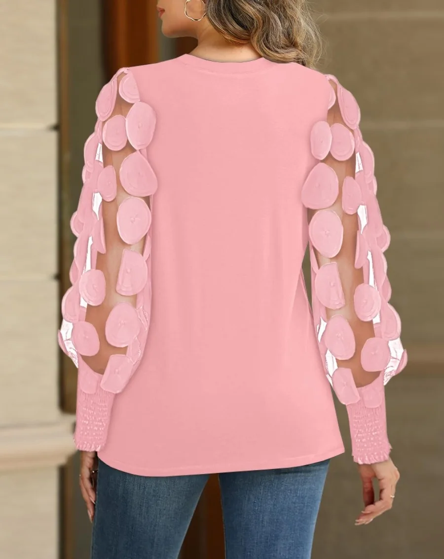 Bluse mit Rundhalsausschnitt und plissierter Vorderseite, 3D-Blumenmuster, langärmelig, mit gerafften Manschetten, elegant, für den Alltag, Partys, süß, lässig, Oberteil – Detail 14