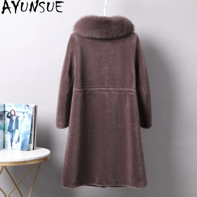 AYUNSUE Casual Sheep Shearing Jacket Winter Luxury Fox Fur Collar Mid-length 100% Wool Coats for Women Fashion Fur Coat Jaquetas