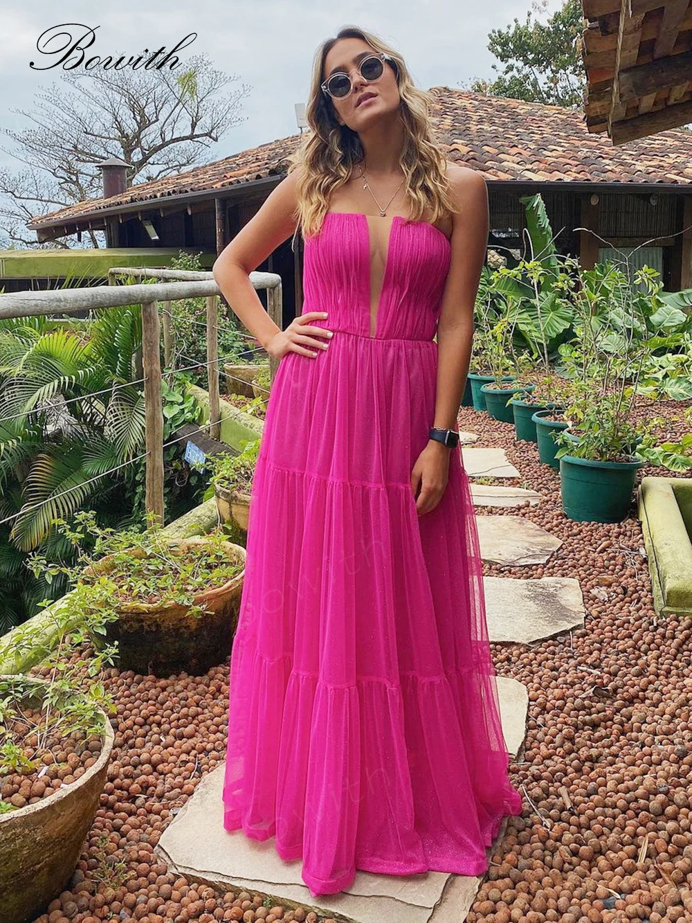 

Bowith Fuchsia Strapless Evening Dresses for Women Luxury Dress for Gala Party 2023 A Line Prom Dresses vestidos de fiesta
