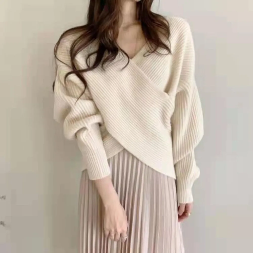

Korean Cross Loose Long Sleeve Sweater Women Sexy V-neck Solid Color Sweater Pullover