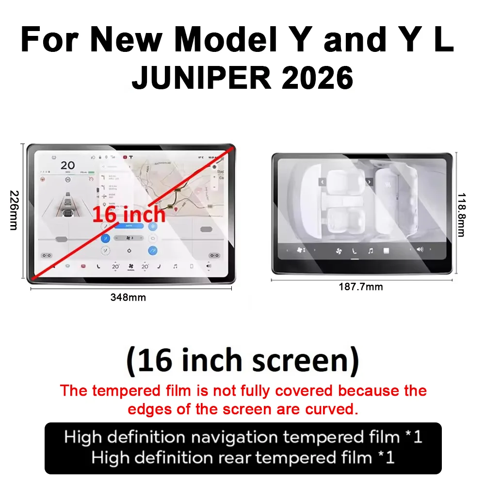2PCS Front Rear Screen Protector Set Suitable for 2026 Tesla Model Y L 6 Seater Juniper Launch 16 inch Tempered Glass Film Bin