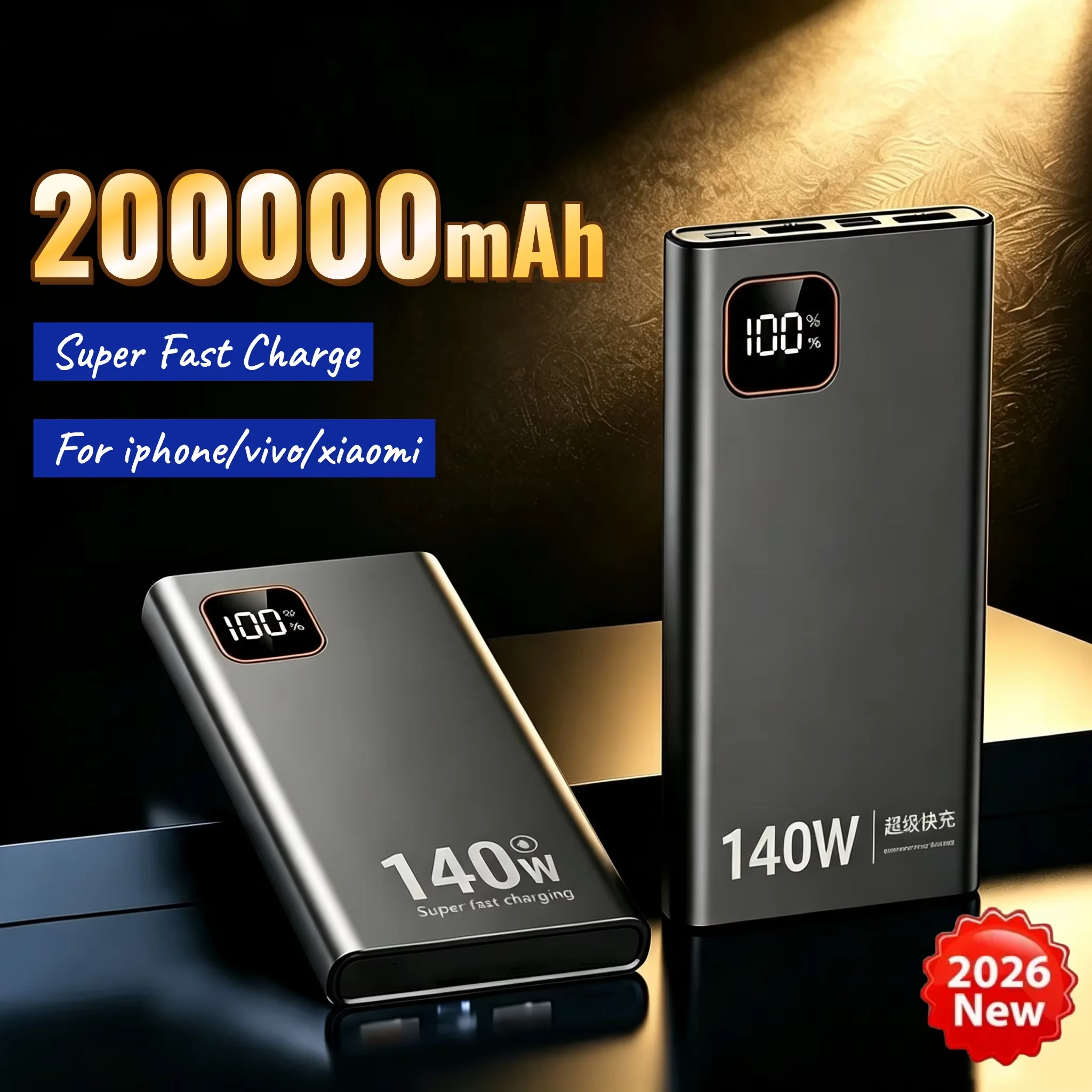 200000mAh 140W Super Fast Charging Power Bank Ultra Capacity Portable Charger New Arrival for iPhone Samsung