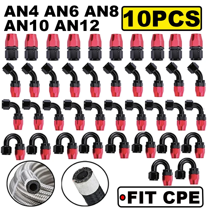 10x Universal AN4/AN6/AN8/AN10/AN12 Straight 0°/45°/90°/180° Degree CPE Oil Fuel Swivel Hose End Fitting Oil Hose End Adaptors