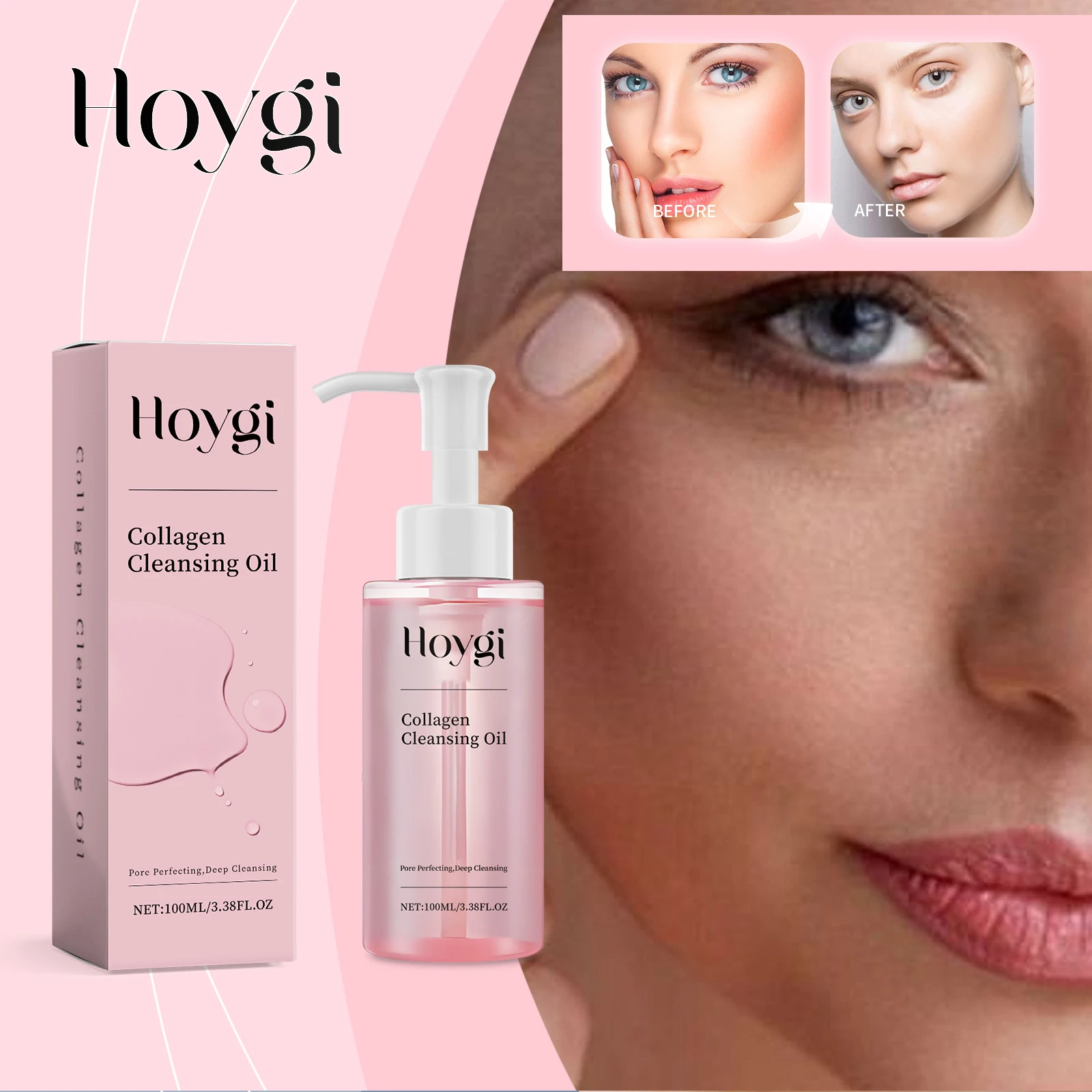Hoygi 100ml aceite desmaquillante con infusión de colágeno Jojoba emulsionante rápida limpieza suave para maquillaje resistente al agua vegano sin residuos