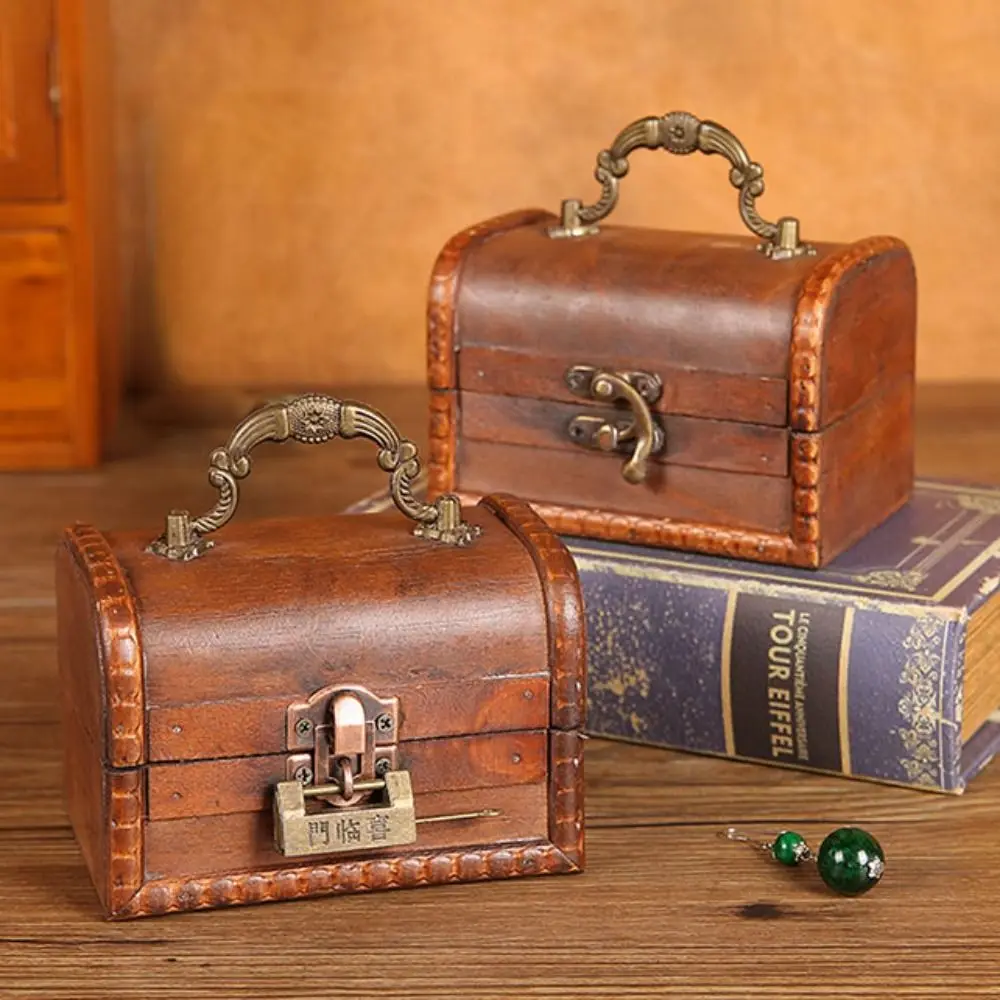

Suitcase Wooden Antique Storage Box Portable Retro Vintage Jewelry Organizer Multifunction High-capacity Treasure Decorative Box