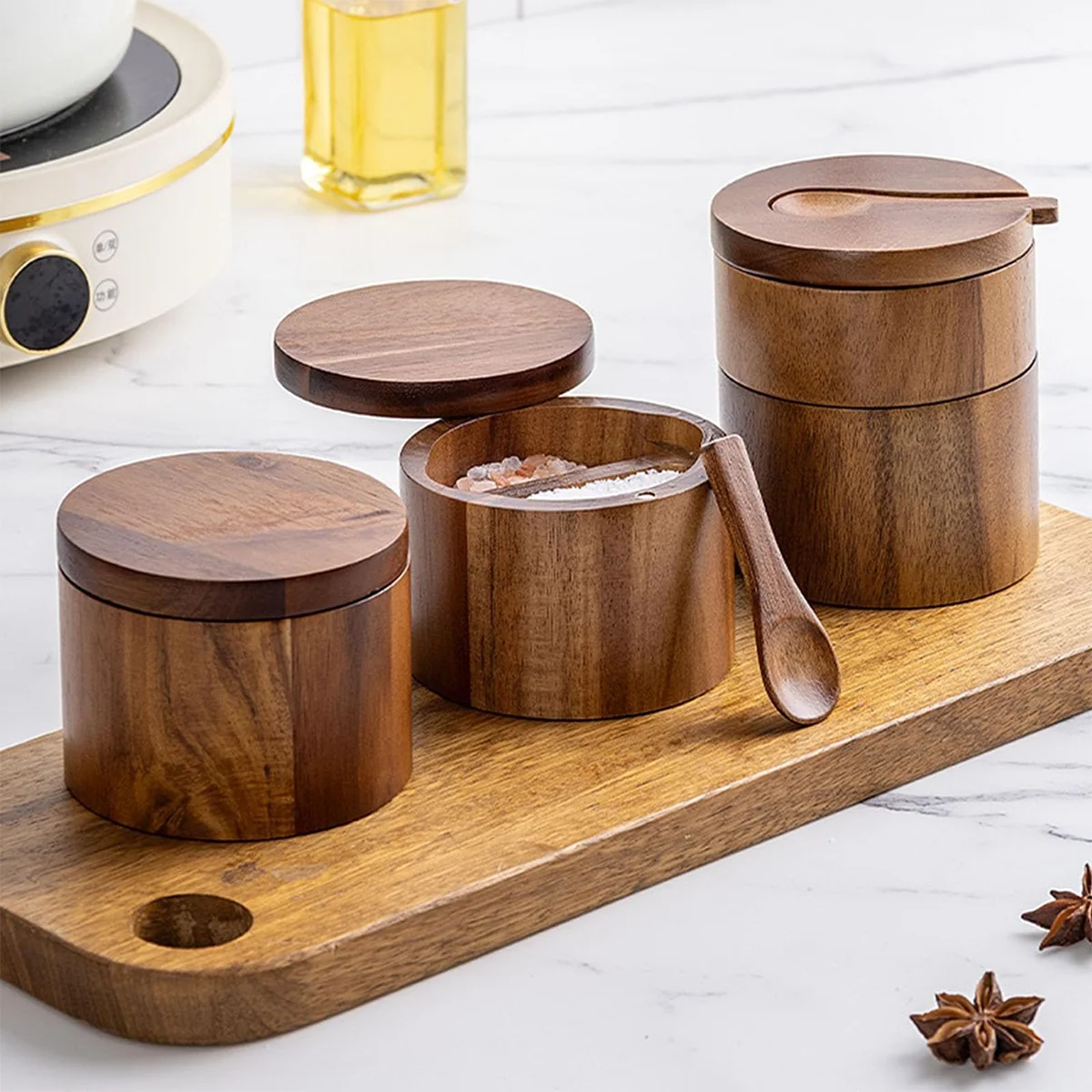 Salt Cellar with Spoon and Swivel Lid, Acacia Wood Salt  Salt Keeper, Wood Jar for Kitchen, Perfect for Storing Seasonings