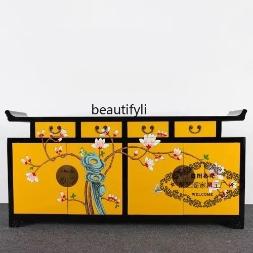 

New Chinese-style solid wood hand-painted dining side cabinet, living room decorative partition cabinet, antique locker
