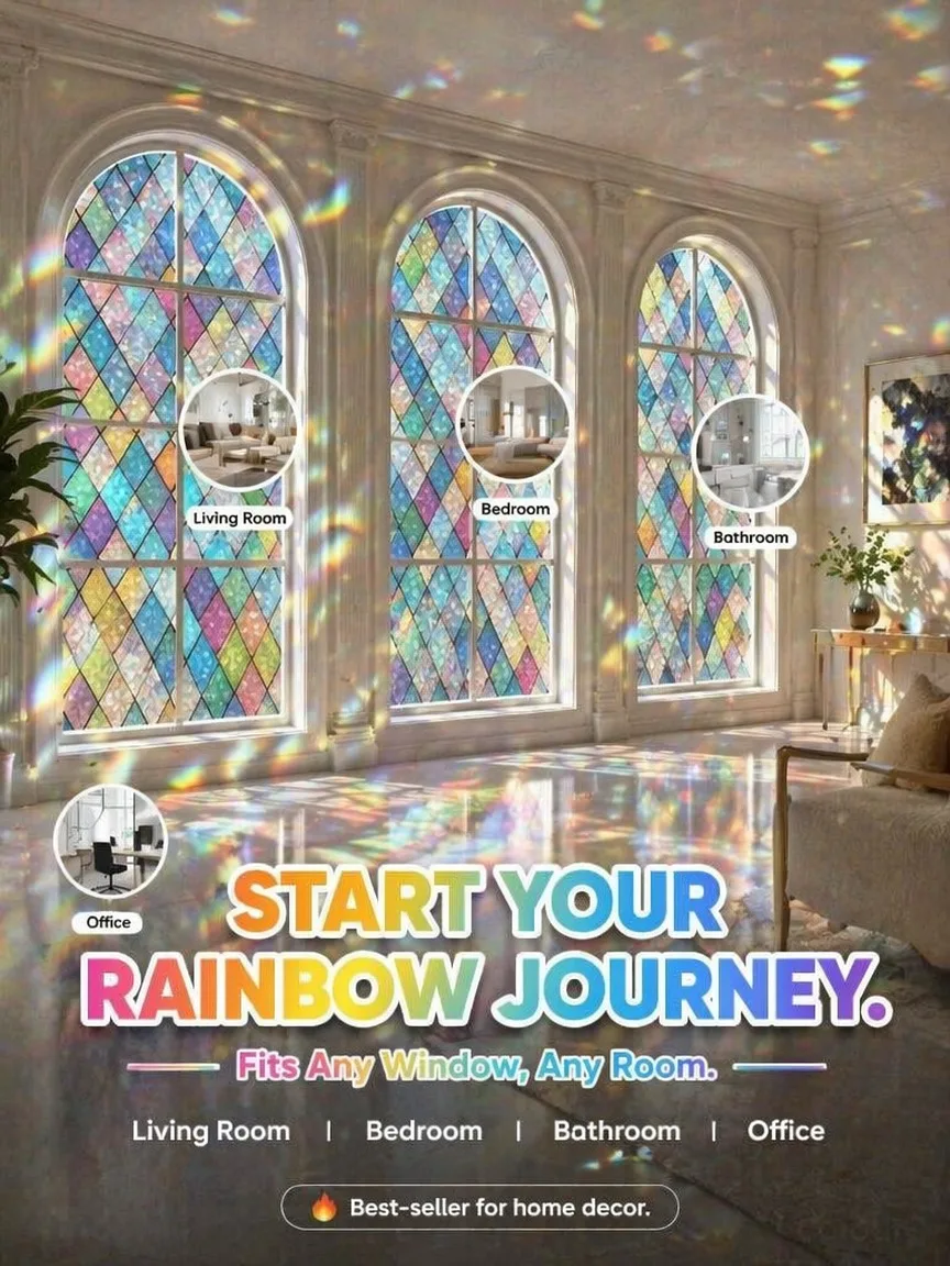 Vintage American Style Rainbow Frosted Privacy Window Film Static Cling Removable for Bathroom Kitchen Balcony Glass