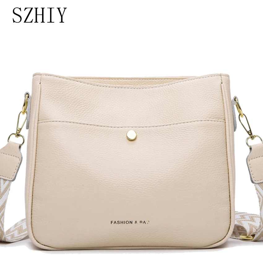 100% Genuine Leather Shoulder Bag Women Designer Crossbody Purse Wide Shoulder Strap High-quality Medium Bag Office Handbag