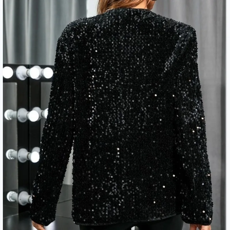 2026 Spring Summer New Women Black Long Sleeve Pure Color Sequin Velvet Fashion Casual Elegant Jacket