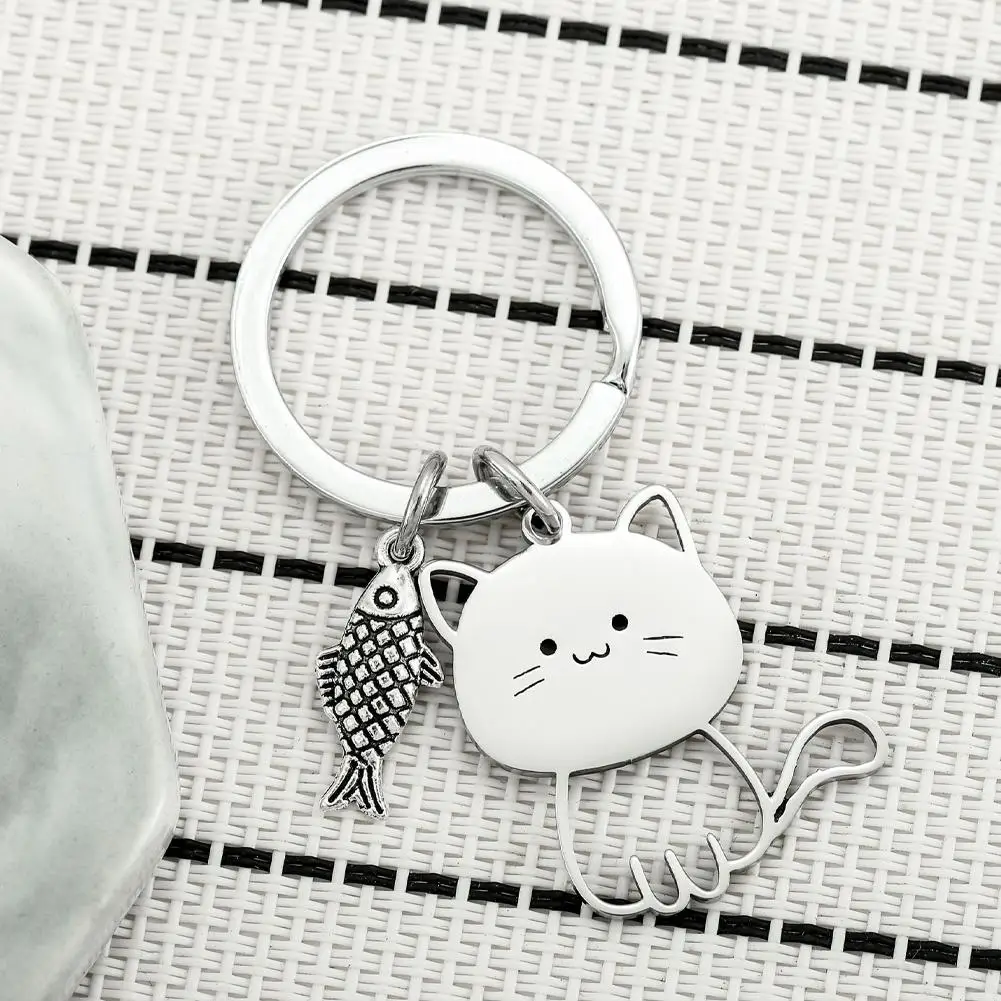 Stainless Steel Lovely Cat Keychain Couple Lover Animal Matching Keyring Cat Eating Fish Pendants Valentine's Day Gifts