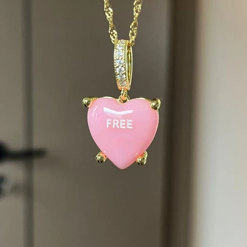 Custom Baby Pink FP Heart Pendants Resin Heart Necklace for Women Gifts 18K Gold Plated Zircon Letter Charms DIY Jewelry Making