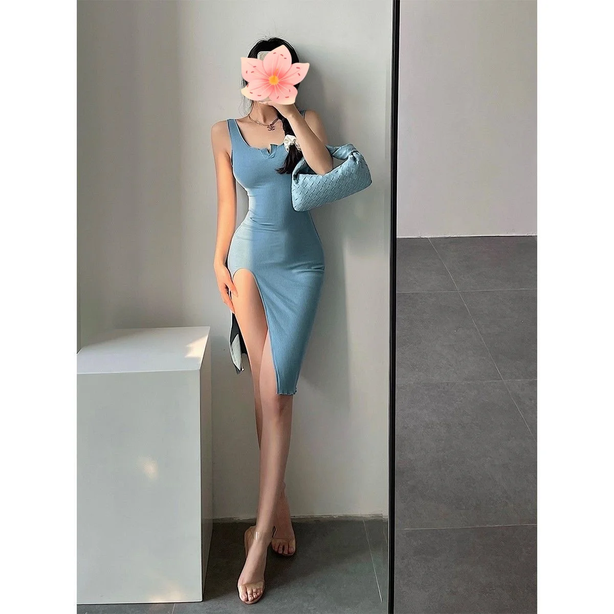 Summer 2025 Sexy Spicy Girl Tight Slimming High Slit Bodycon Base Vest Dress Commute Style High Waist Skirt without Sleeves
