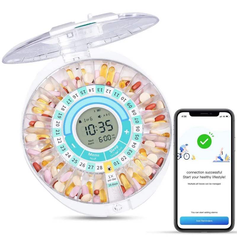 Bluetooth Smart Pill Organizer 28 Compartments Automatic Rotating Pill Dispenser Electronic Medication Reminder with Timer Alarm