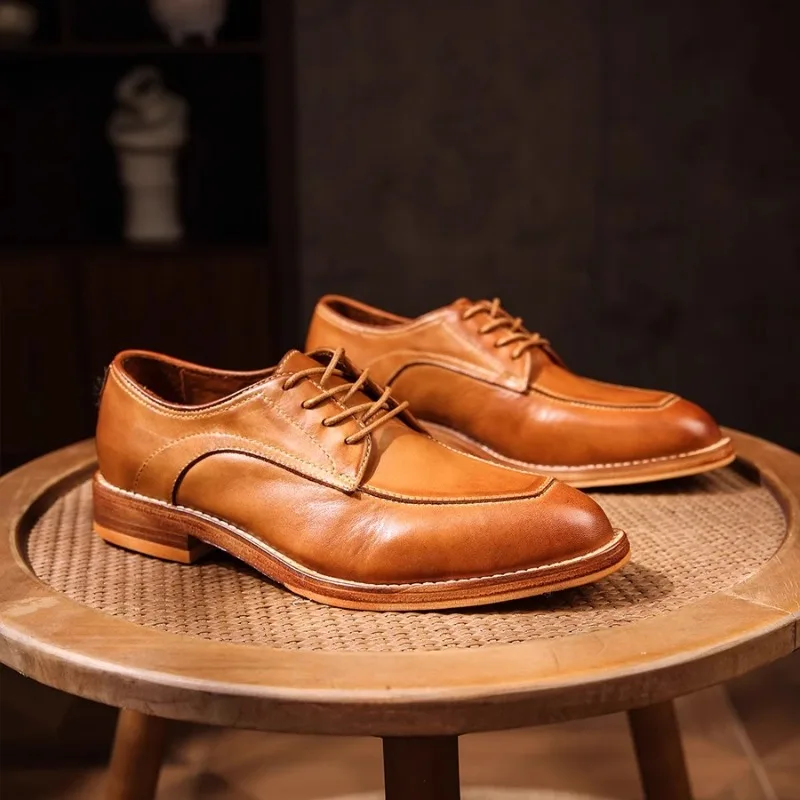 

Handmade Cowhide Business Formal Shoes Men Retro Luxury Derby Shoes British Fashion Pointed Toe Wedding Shoes Zapatos Hombre