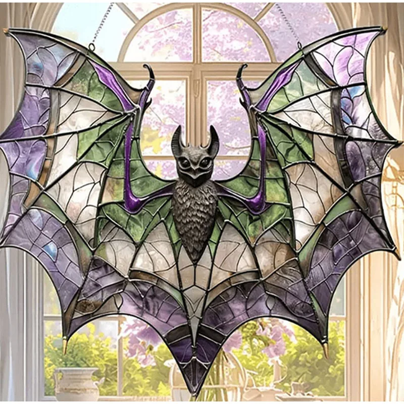 Painted Bat Acrylic Pendant Halloween Home Garden Decoration Sun Catcher Hanging Pendant Bedroom for Office Desktop Decoration
