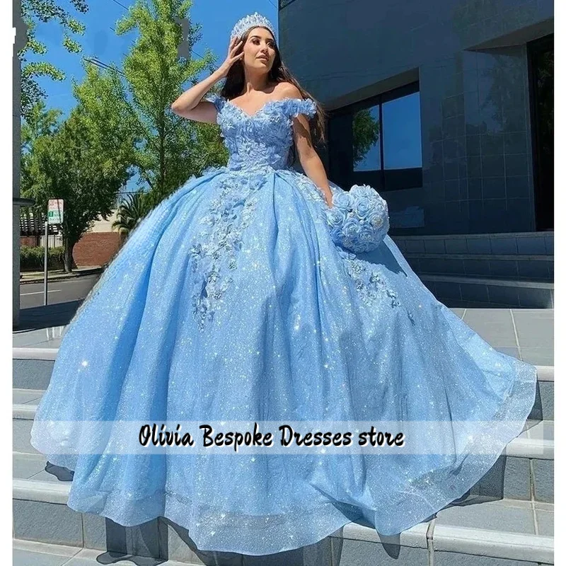 

Синие платья Quinceanera, бальное платье Vestidos De 15, блестящий тюль, вечерние платья принцессы для дня рождения по индивидуальному заказу