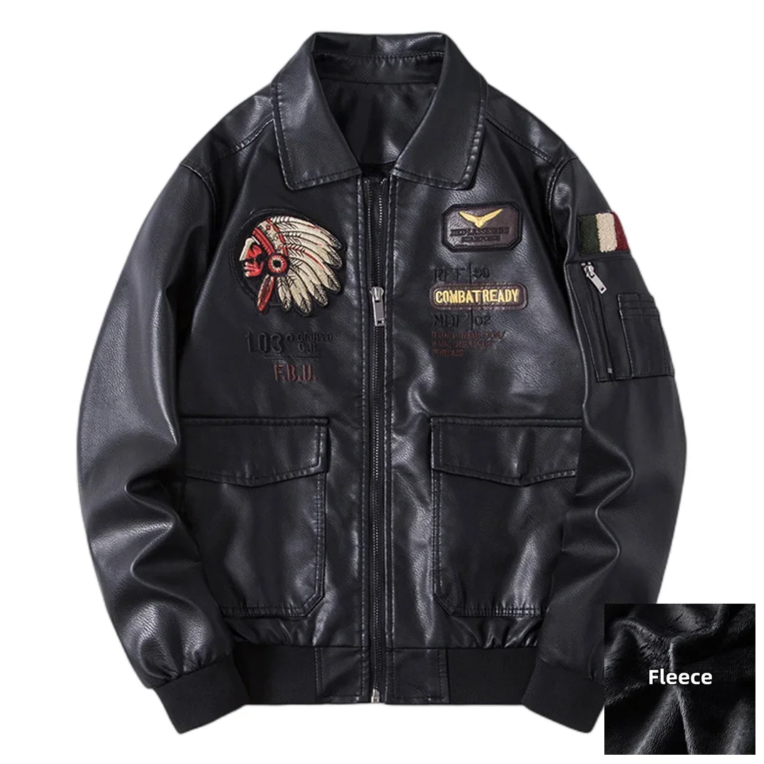 Autumn Winter Mens Leather Jacket Lapel Embroidery Trend Biker Motorcycle Jacket Men's Fashion Casual Windproof PU Baseball Coat