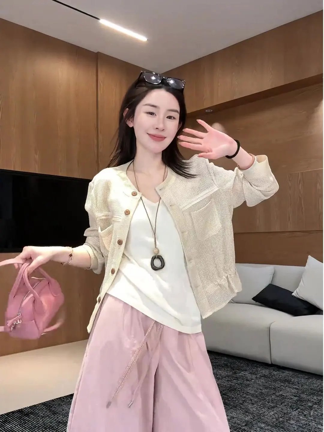 Korean Style Hollow out Summer Knitted Cardigan Women's Loose Fit Long Sleeve Drawstring Thin Outerwear Top Elegant Design