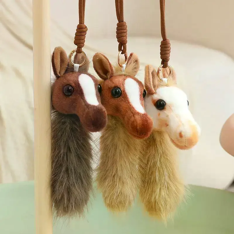 Niedlicher Pferdekopf-Schlüsselanhänger mit Einziehbarem Seil, Plüsch-Tieranhänger, Pferdejahr-Souvenir, Schlüsselring, Rucksack-Deko, Geschenk