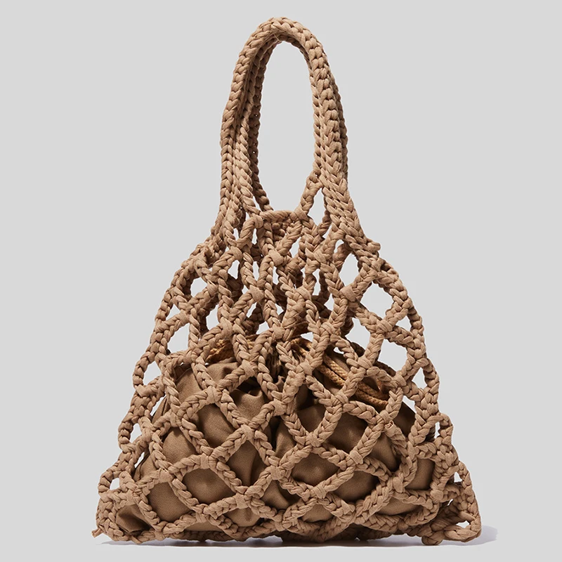 Cotton Rope Woven Women\'s Handbags 2 Piece Mesh Bag Designer Bohemian Summer Straw Beach Bags Female Cutout Tote Bag Purses