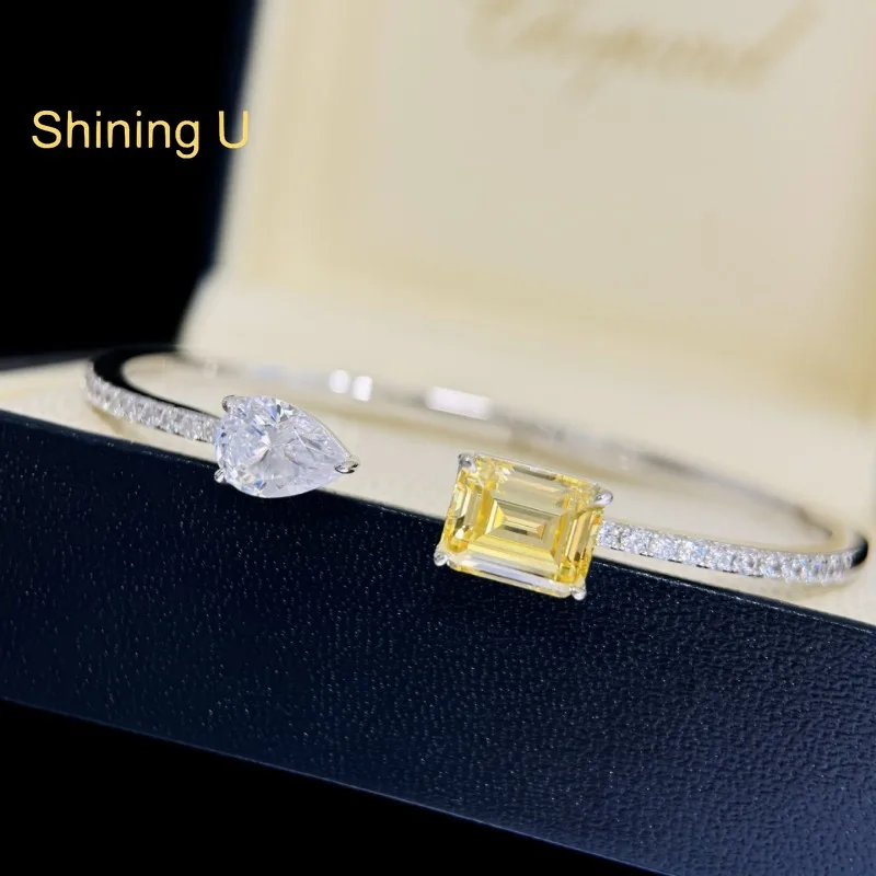 

Shining U S925 Silver Yellow Rectangle Pear Zircon Gems Open Bangle for Women Fine Jewelry Cleanfit