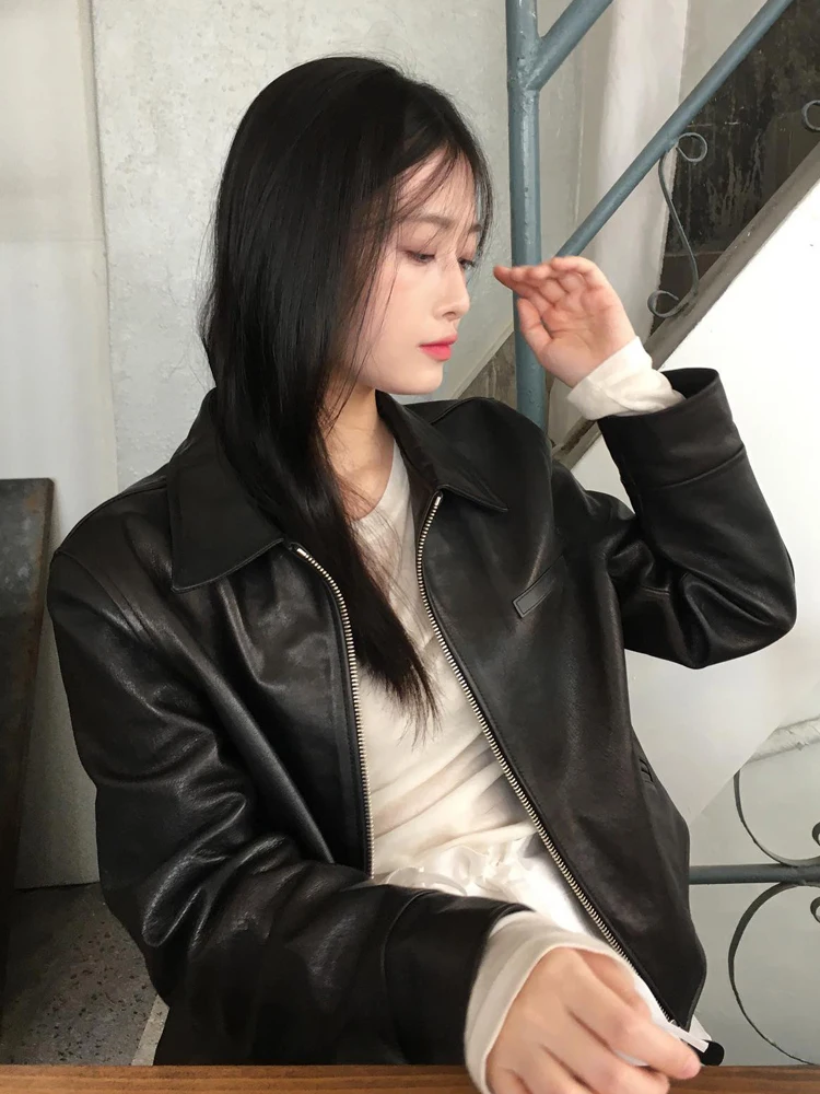 

Spring 2026 New Loose Retro Short Leather Jacket Women's Coat Casual Daily Use PU Leather Zipper Closure Pure Color Fashion