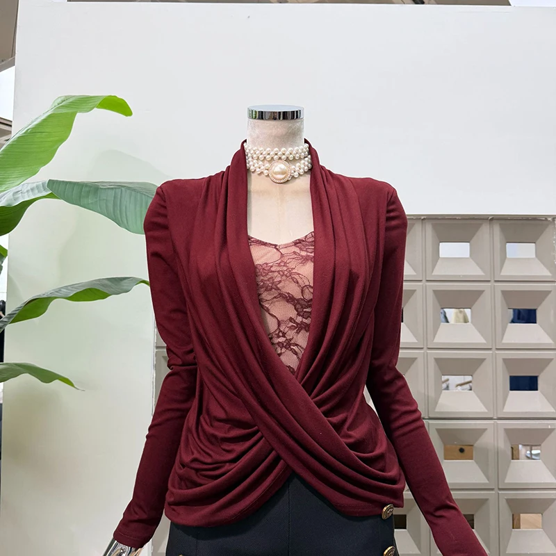 بلوزة تونيك فضفاضة قابلة للطي أنيقة متينة من KBQ للنساء على شكل حرف V ورقبة عميقة وأكمام طويلة قميص بمزاجية للسيدات على الموضة جديد