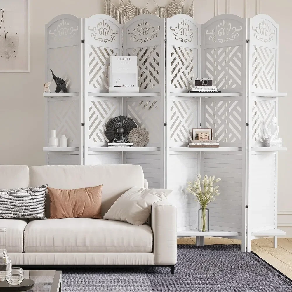 

Room Divider with Shelves, 5.75ft Tall Folding Wood Carved Screen with Double Hinges for Home Office Bedroom Hotel Decoration