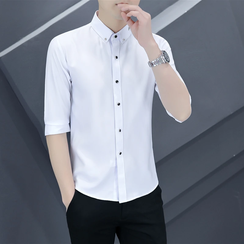 

ort Sve Slim Fit Casual irt Men's Summer Faion Korean Sle Thin Five-Quarter Sve irt Youth Leisure Polyester B...