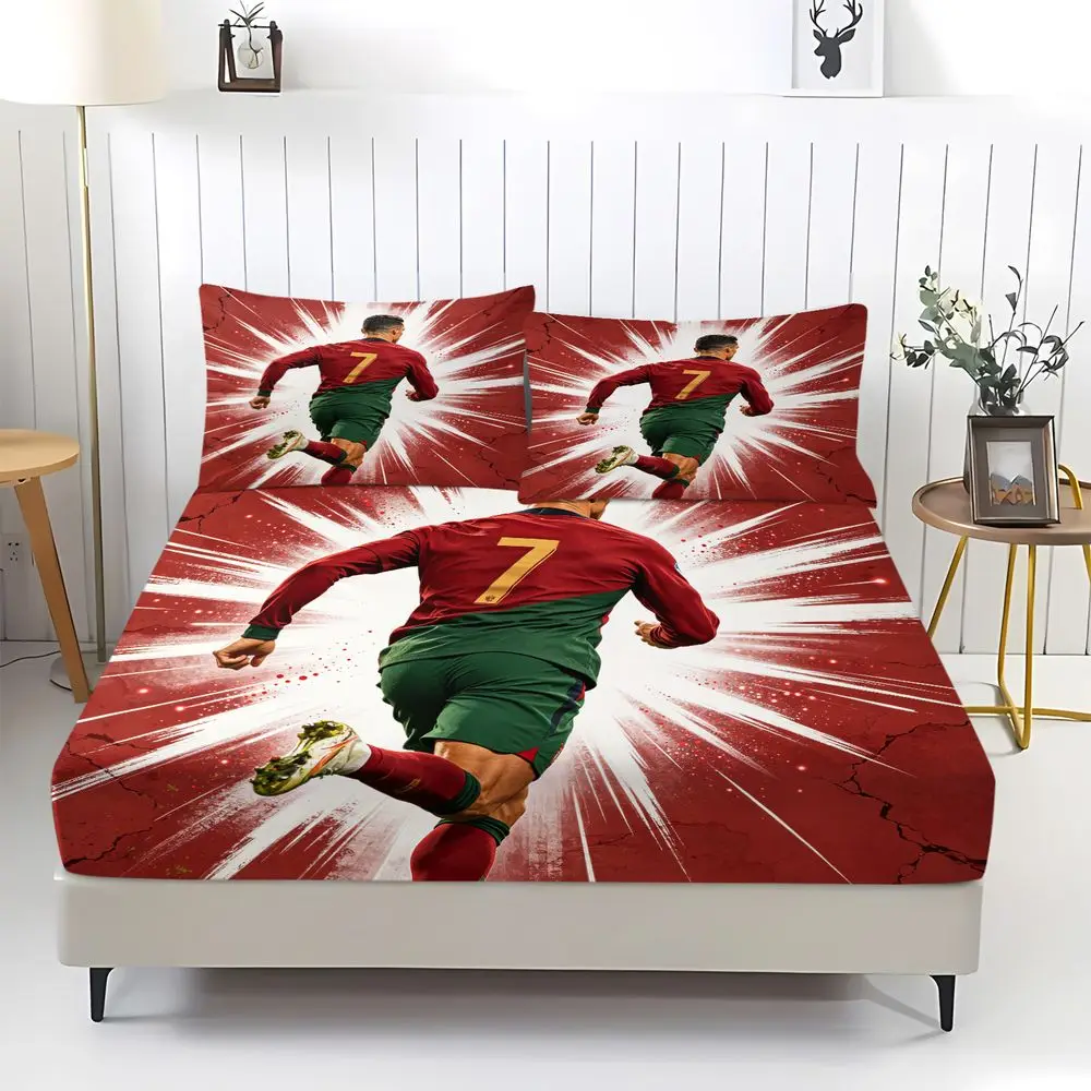 Soccer Player 7 Ronaldo Print Fitted Sheet Set Bed Sheet Set Digital Printing Elastic Bedding Set for Dorm Home Decor