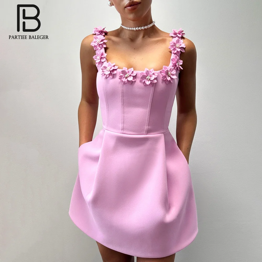 

PB 2024 3D Diamonds Flower Pink Dress For Women Square Collar Sleeveless High Waist Mini Pleated Cocktail Party Dress Vestidos