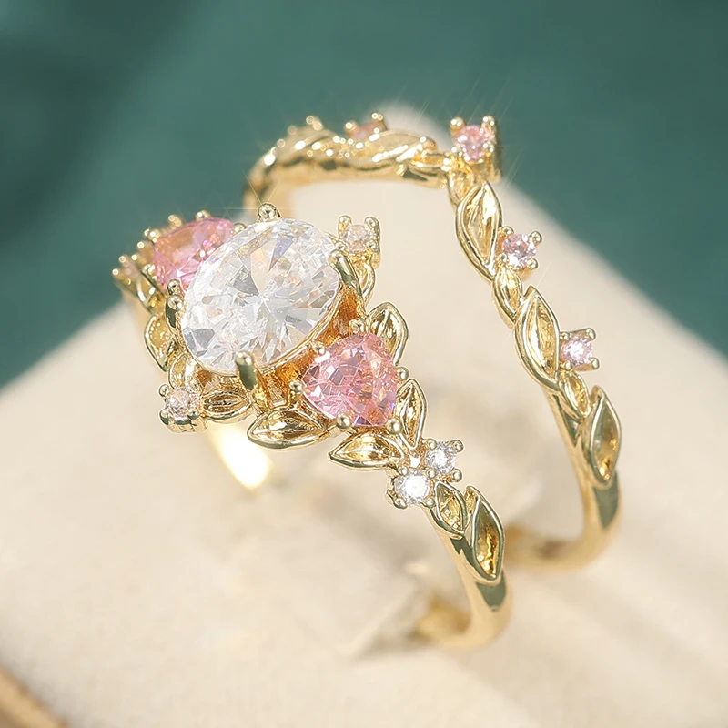 2-teiliges Retro-elegantes rosafarbenes synthetisches Zirkon-Ring, Verlobungsantragsgeschenk für Damen, Schmuck – Detail 4