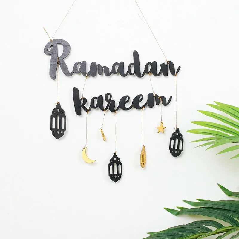 Ramadan Kareem Decor Moon Star Hanging Pendant Wooden Craft Eid Mubarak Ramadan Decoration for Home Door Plaque Sign