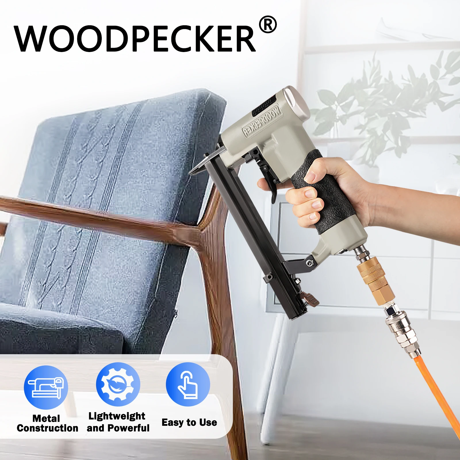 WOODPECKER N8016 21 Gauge Pneumatic Upholstery Stapler Power Tool, 12.8mm Crown 6-16mm Length Fine Wire Staples, for Woodworking