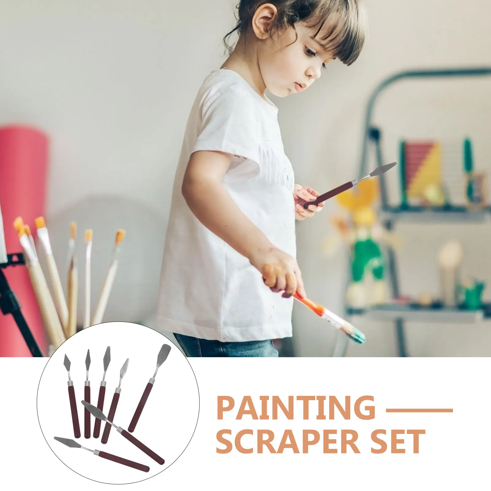 

7Pcs Art Painting Shovels Wooden Handle Scraping Tools for Drawing Oil Paint Mixing Canvas Street Painting Kit
