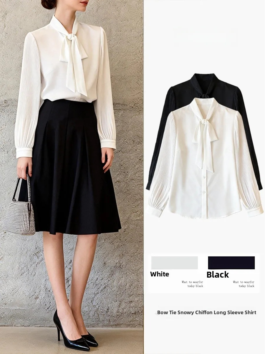

Women's Spring Autumn Long Sve Chiffon irt Knot Design Profional Sa Blouse French Sle Bubble Sve