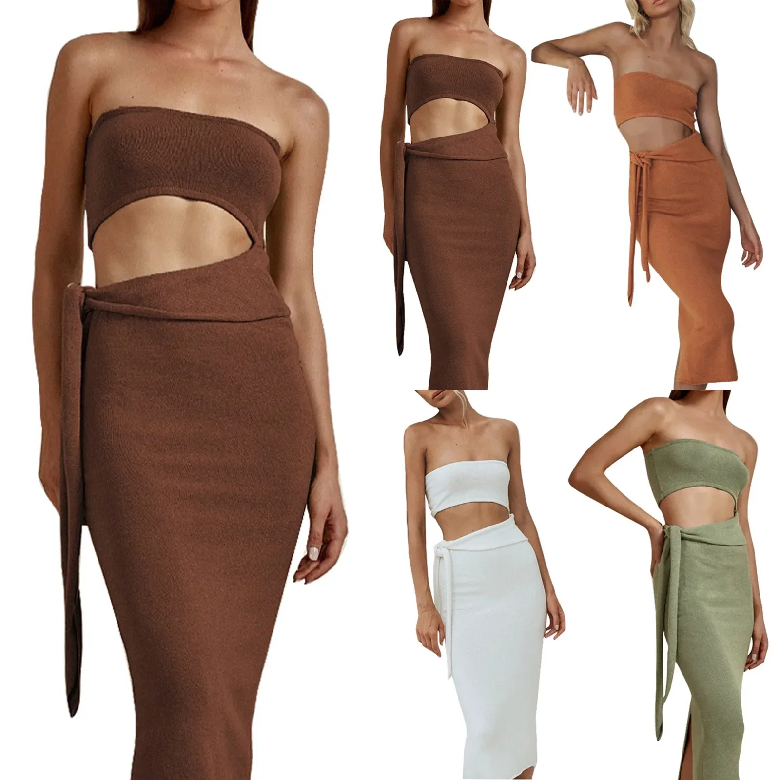 Y2k-vestido de punto con cordones para mujer, vestido de punto a la moda sin tirantes, ceñido al cuerpo, Top de tubo con abertura por debajo de la rodilla