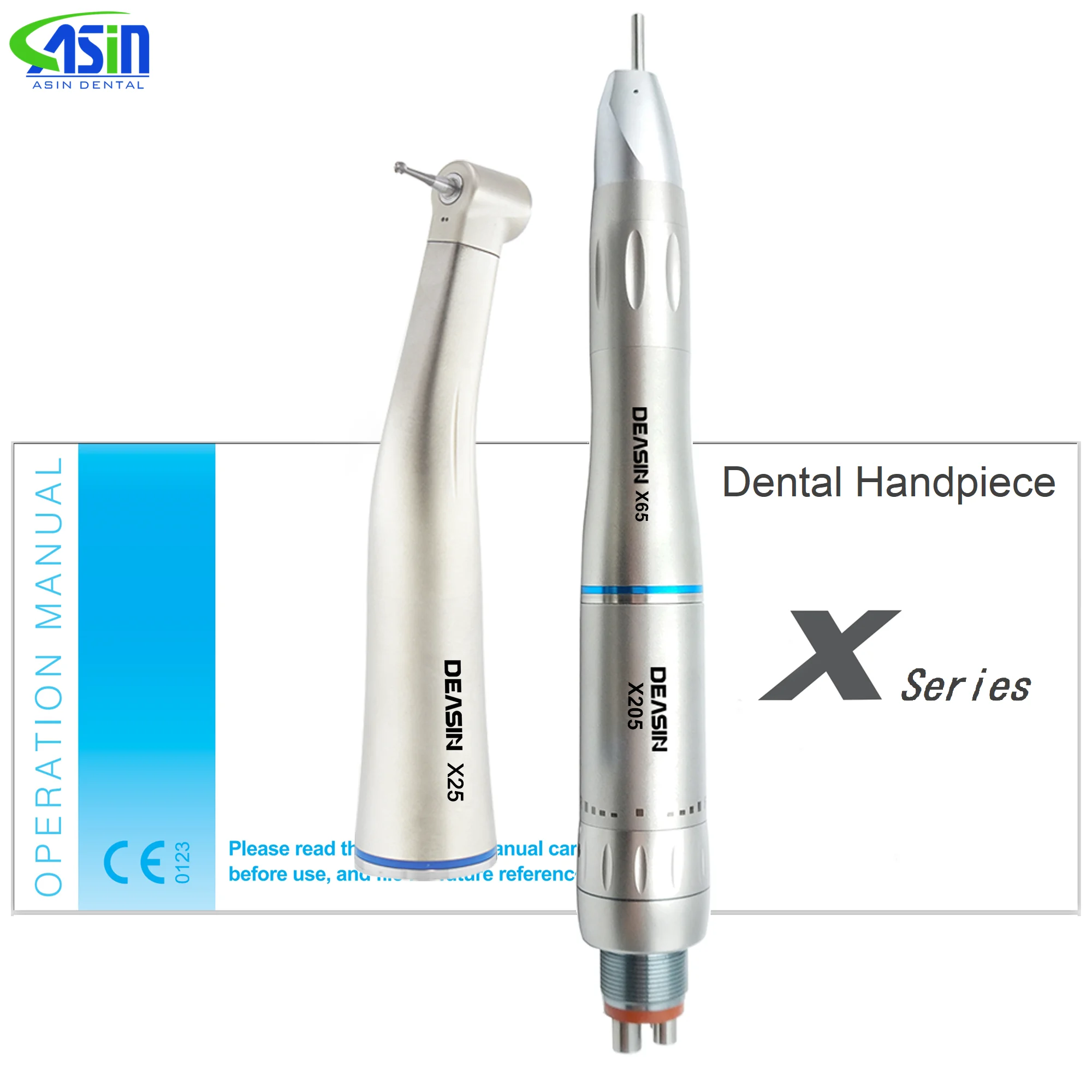 DEASIN Stainless Steel Dental Low Speed Handpiece Air Turbine Straight Contra Angle Internal Water Spray X205/X65/X25 Air Motor